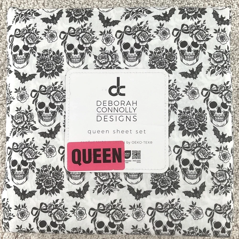Deborah Connolly Designs Queen Sheet Set Skull Bat Floral Gothic Black White NEW